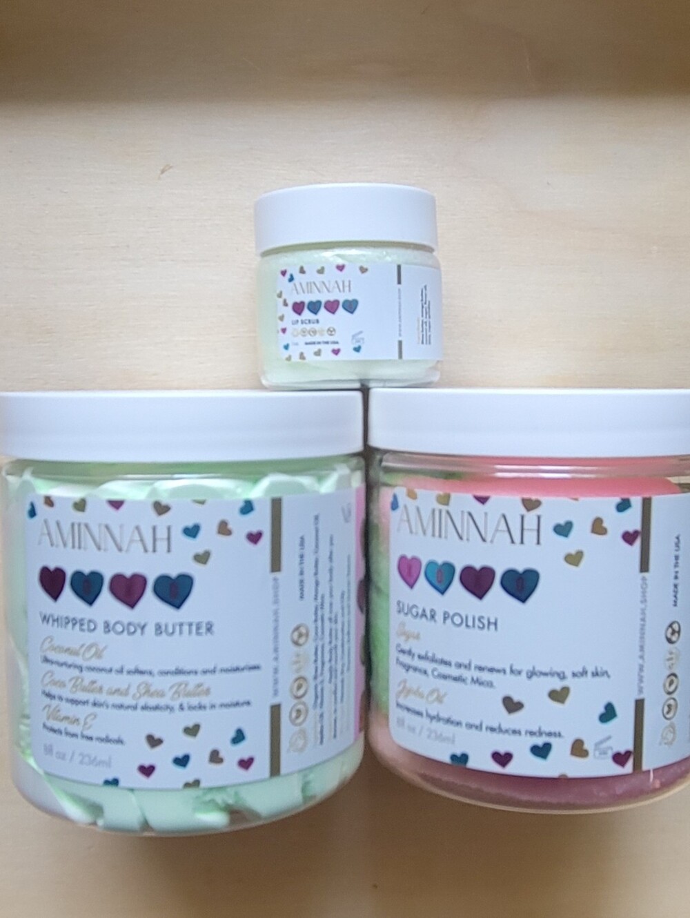 AMINNAH XOXO WHIPPED BODY BUTTER, SUGAR POLISH, & LIP SCRUB, NEW!